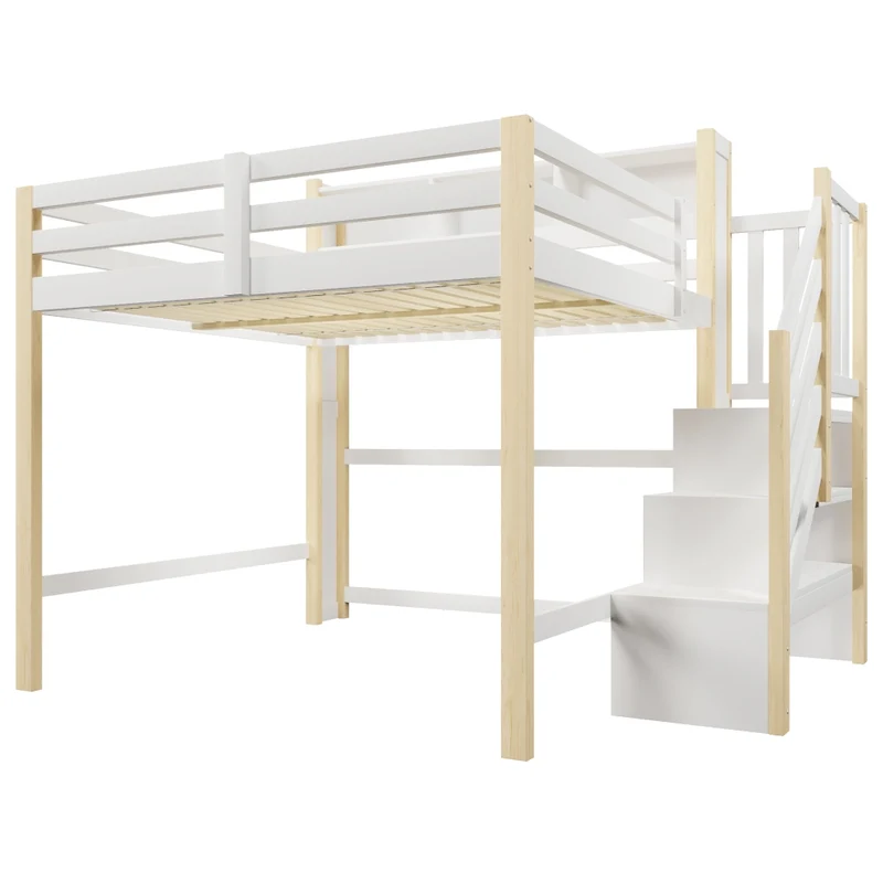 Letto a soppalco 140x200 cm con luci LED; scala contenitore e spazio sotto; legno bianco e naturale per cameretta