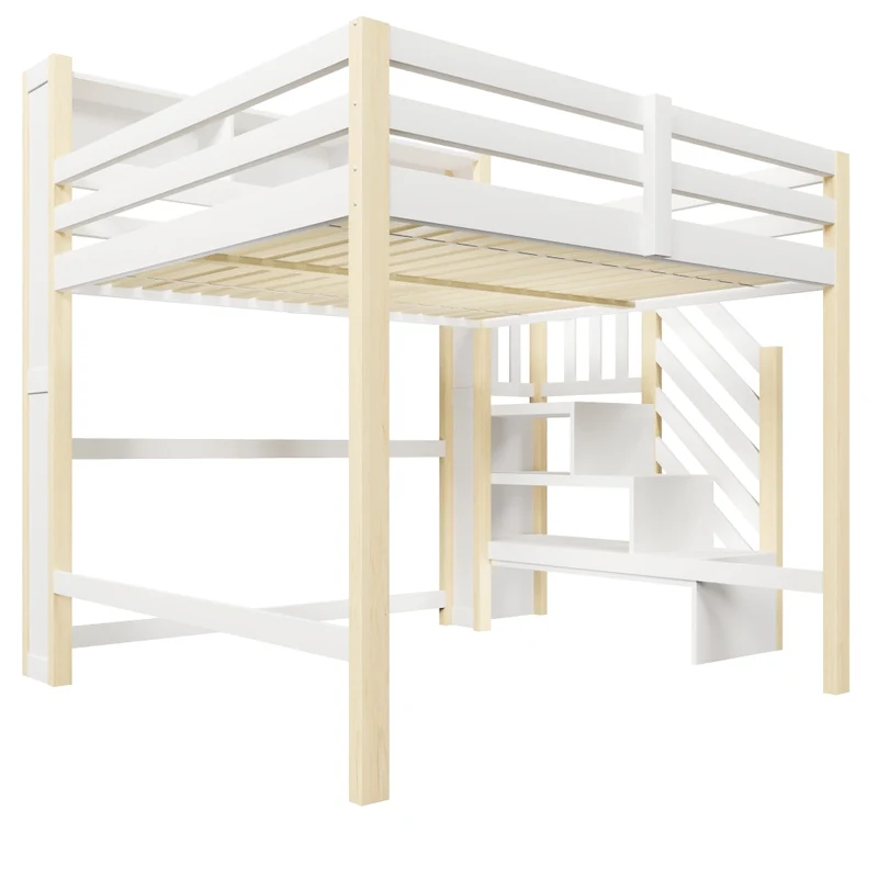 Letto a soppalco 140x200 cm con luci LED; scala contenitore e spazio sotto; legno bianco e naturale per cameretta