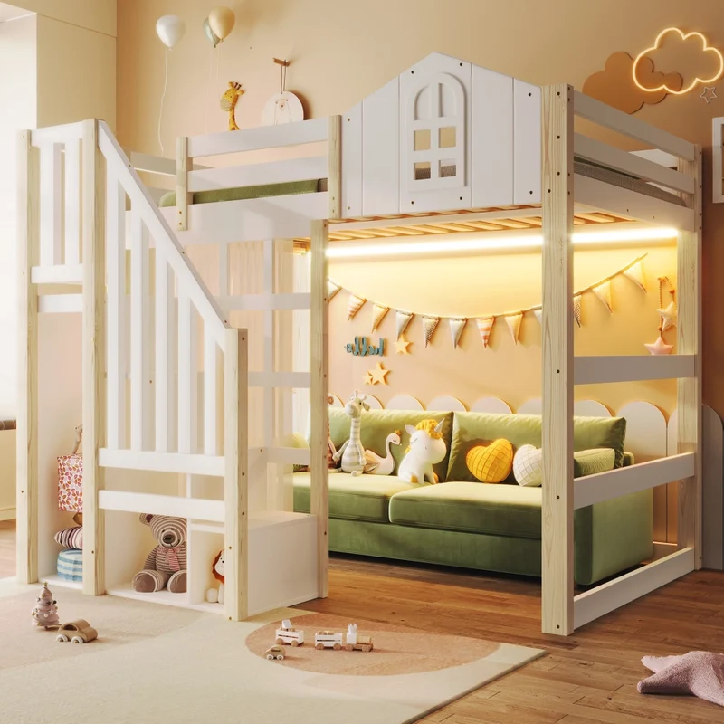 Letto a soppalco 140x200 con luci LED; scala contenitore e sponde; pino e MDF bianco e naturale; per cameretta