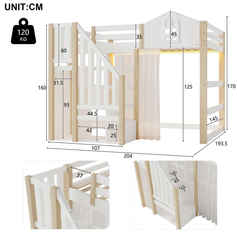 Letto a soppalco 140x200 con luci LED; scala contenitore e sponde; pino e MDF bianco e naturale; per cameretta