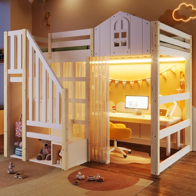 Letto a soppalco 140x200 con luci LED; scala contenitore e sponde; pino e MDF bianco e naturale; per cameretta