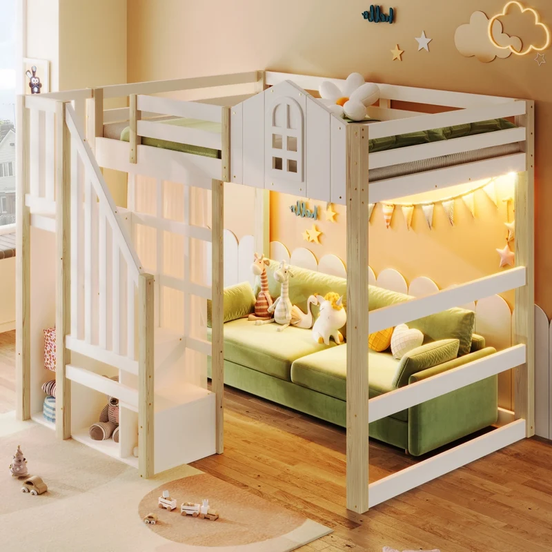Letto a soppalco 140x200 con luci LED; scala contenitore e sponde; pino e MDF bianco e naturale; per cameretta