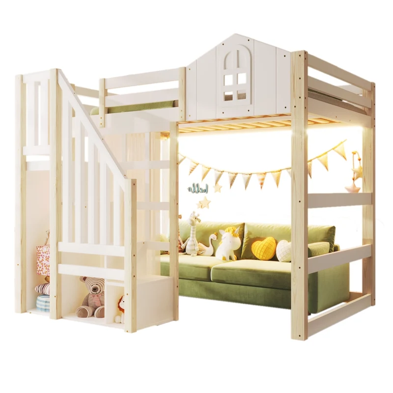 Letto a soppalco 140x200 con luci LED; scala contenitore e sponde; pino e MDF bianco e naturale; per cameretta
