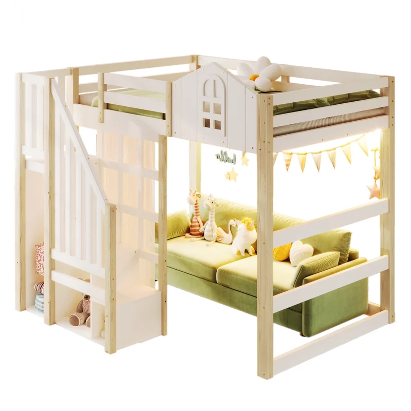 Letto a soppalco 140x200 con luci LED; scala contenitore e sponde; pino e MDF bianco e naturale; per cameretta