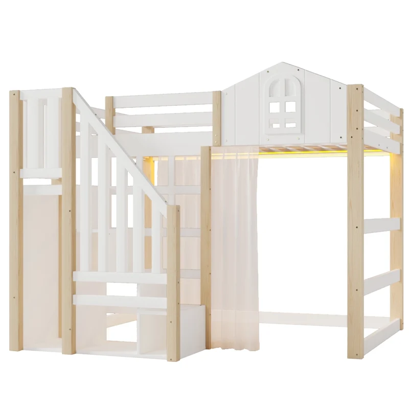 Letto a soppalco 140x200 con luci LED; scala contenitore e sponde; pino e MDF bianco e naturale; per cameretta
