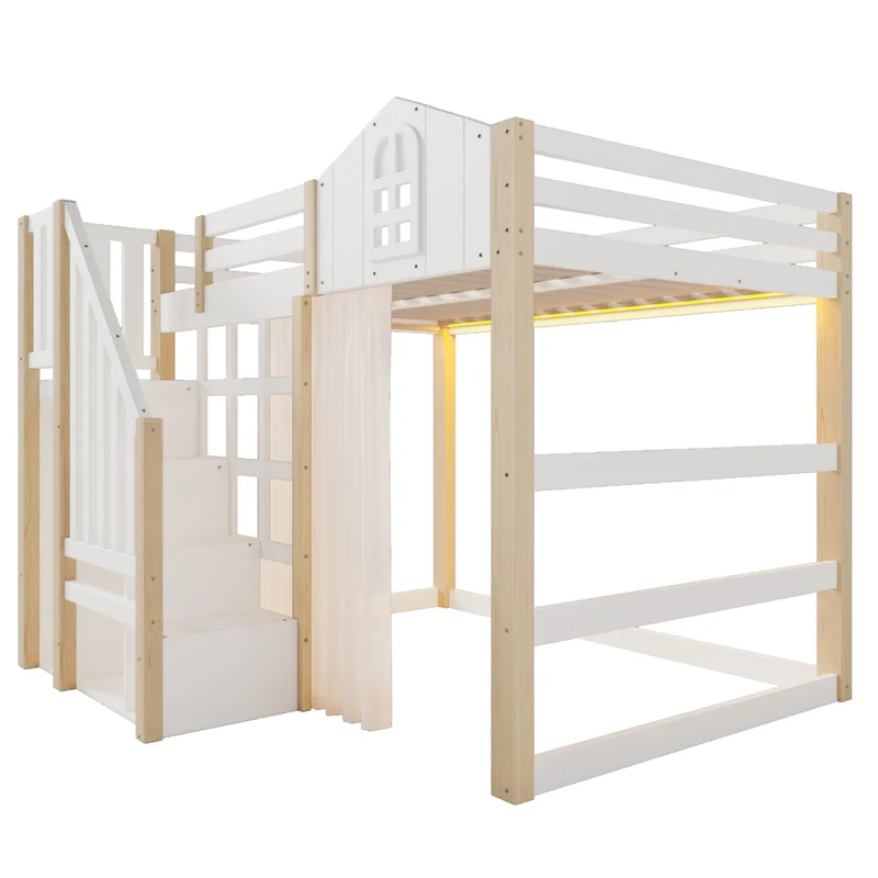 Letto a soppalco 140x200 con luci LED; scala contenitore e sponde; pino e MDF bianco e naturale; per cameretta