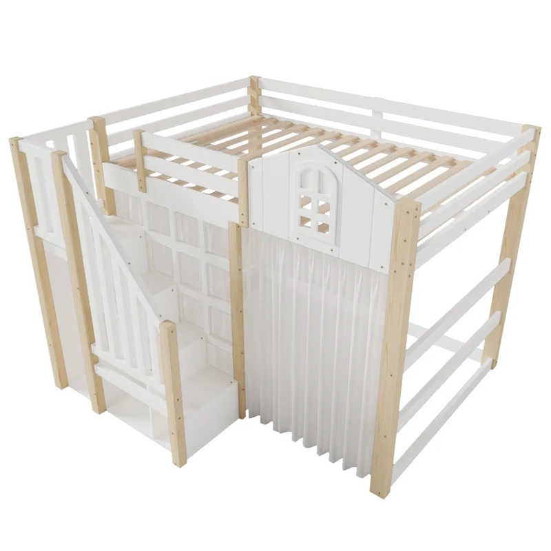 Letto a soppalco 140x200 con luci LED; scala contenitore e sponde; pino e MDF bianco e naturale; per cameretta