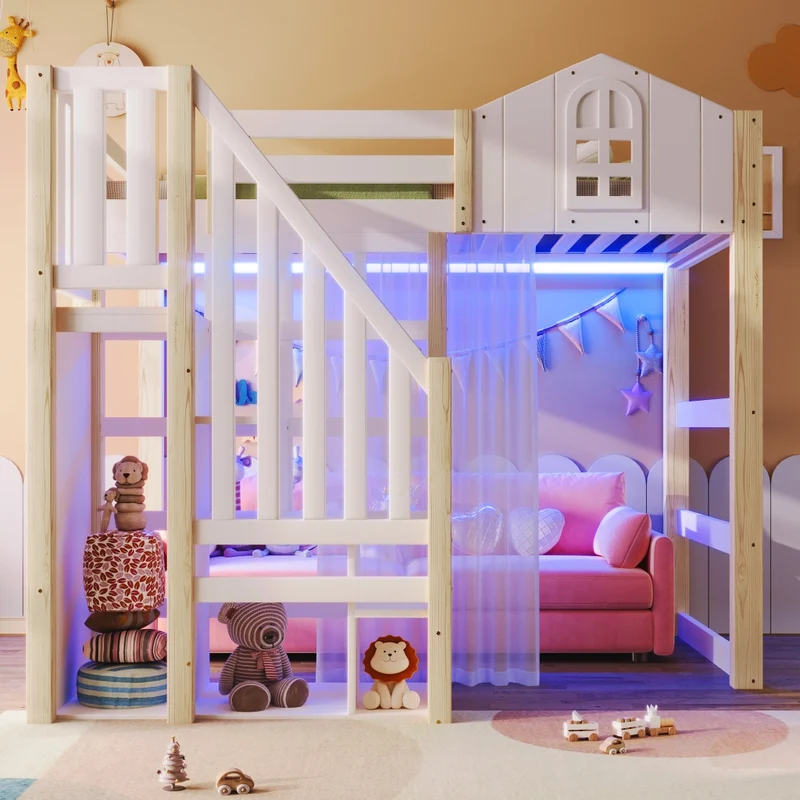 Letto rialzato per bambini 90x200 cm con sponde di sicurezza; luci LED e scala contenitore; stile castello bianco e naturale