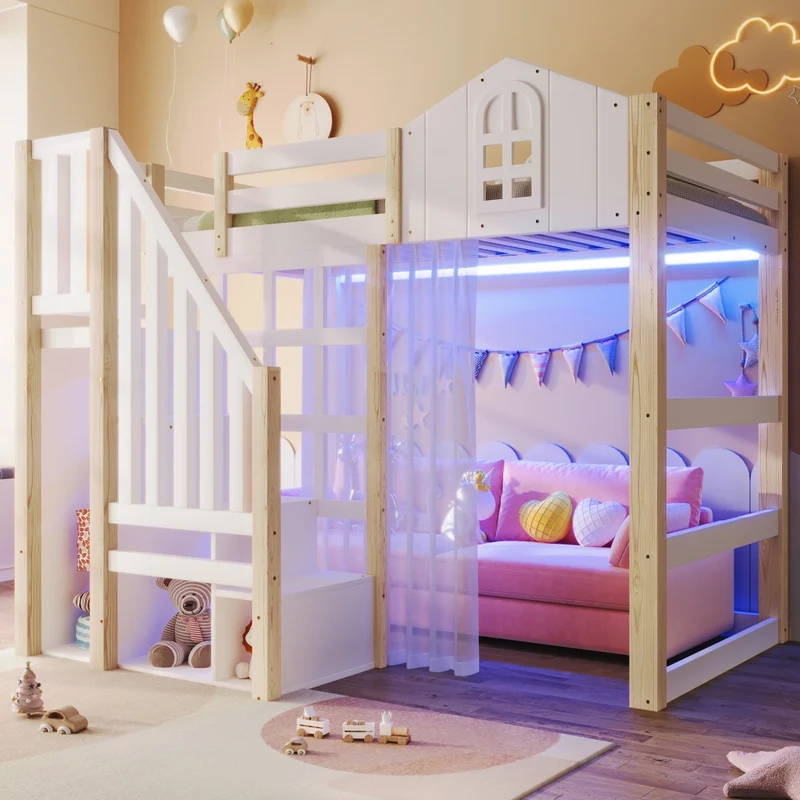 Letto rialzato per bambini 90x200 cm con sponde di sicurezza; luci LED e scala contenitore; stile castello bianco e naturale