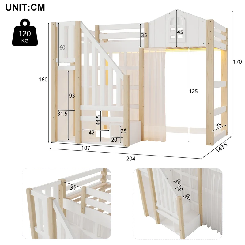 Letto rialzato per bambini 90x200 cm con sponde di sicurezza; luci LED e scala contenitore; stile castello bianco e naturale
