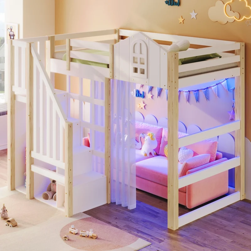 Letto rialzato per bambini 90x200 cm con sponde di sicurezza; luci LED e scala contenitore; stile castello bianco e naturale
