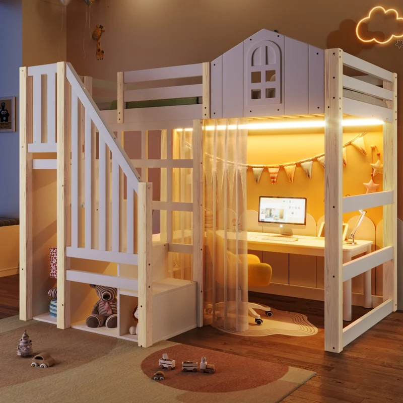 Letto rialzato per bambini 90x200 cm con sponde di sicurezza; luci LED e scala contenitore; stile castello bianco e naturale