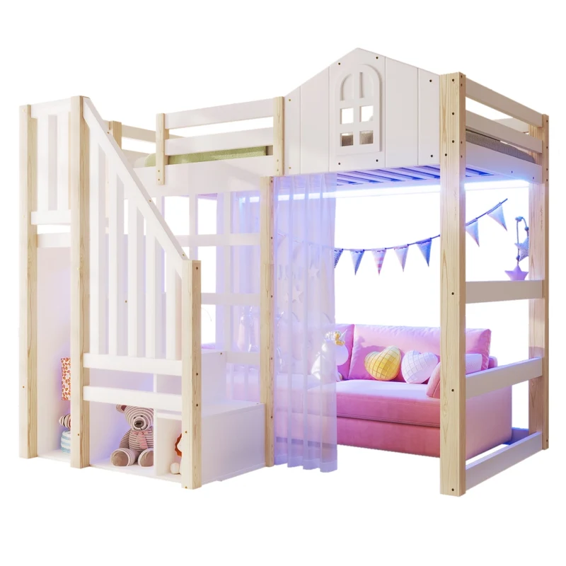 Letto rialzato per bambini 90x200 cm con sponde di sicurezza; luci LED e scala contenitore; stile castello bianco e naturale