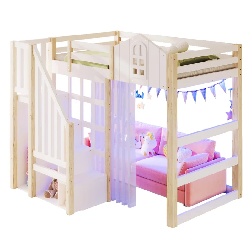Letto rialzato per bambini 90x200 cm con sponde di sicurezza; luci LED e scala contenitore; stile castello bianco e naturale