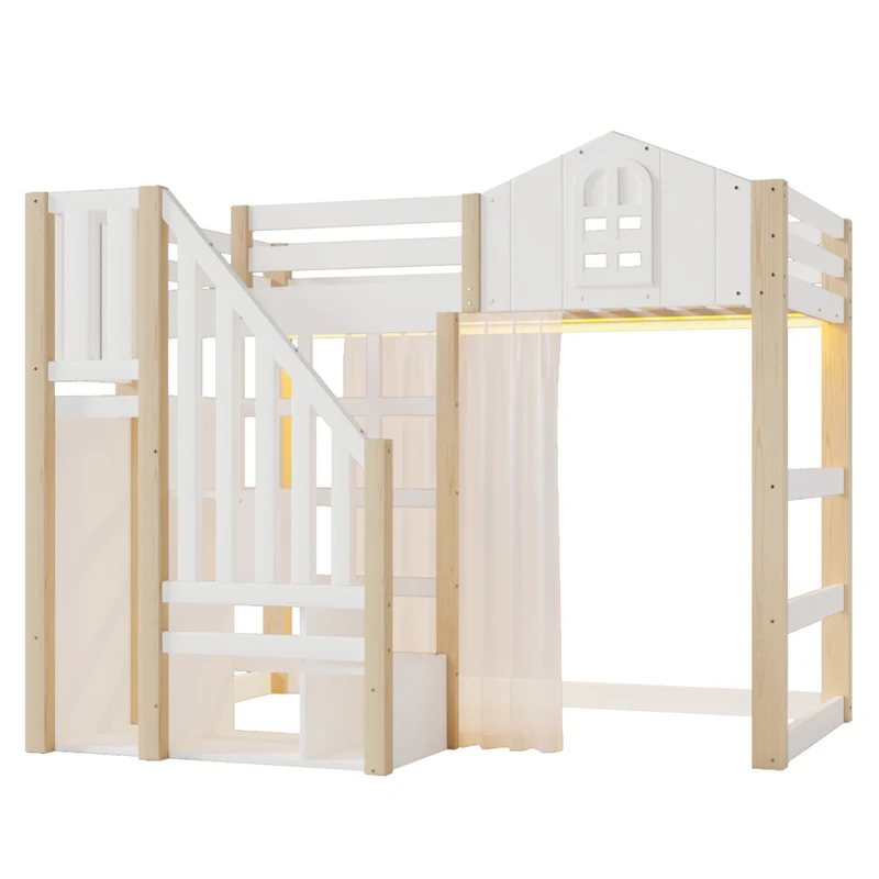 Letto rialzato per bambini 90x200 cm con sponde di sicurezza; luci LED e scala contenitore; stile castello bianco e naturale
