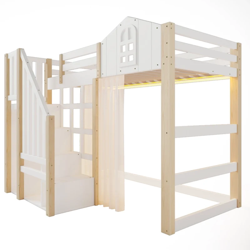 Letto rialzato per bambini 90x200 cm con sponde di sicurezza; luci LED e scala contenitore; stile castello bianco e naturale