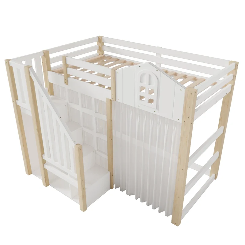 Letto rialzato per bambini 90x200 cm con sponde di sicurezza; luci LED e scala contenitore; stile castello bianco e naturale