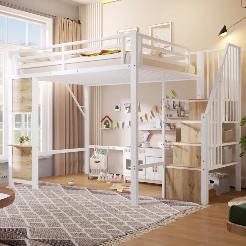 Letto a soppalco 140x200 per bambini in metallo e MDF; bianco; scala contenitore e spazio giochi