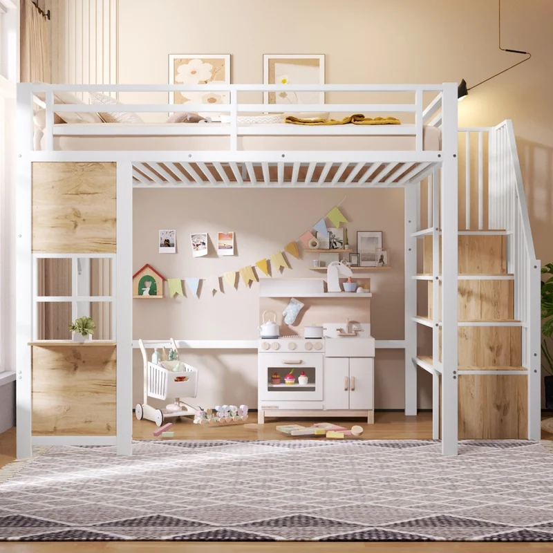 Letto a soppalco 140x200 per bambini in metallo e MDF; bianco; scala contenitore e spazio giochi