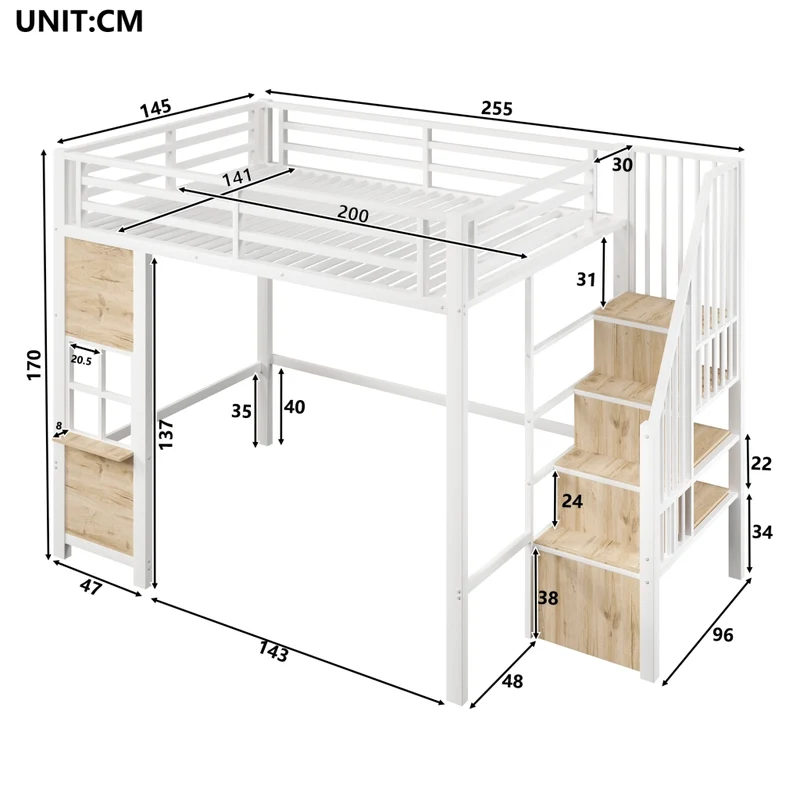 Letto a soppalco 140x200 per bambini in metallo e MDF; bianco; scala contenitore e spazio giochi