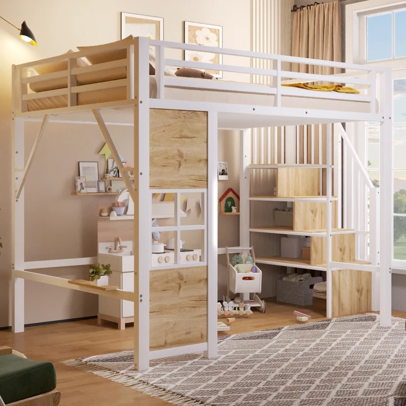 Letto a soppalco 140x200 per bambini in metallo e MDF; bianco; scala contenitore e spazio giochi