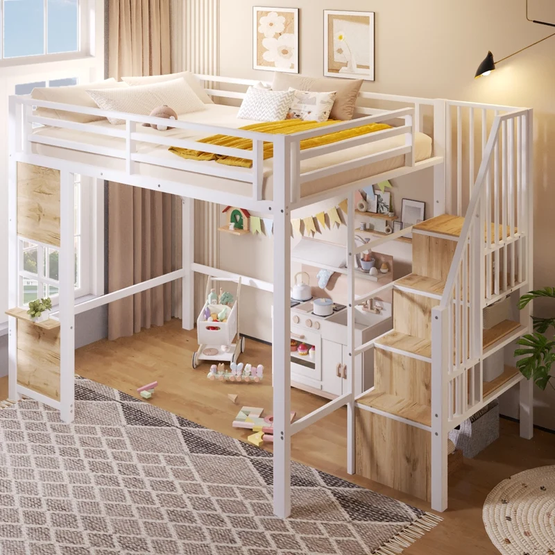 Letto a soppalco 140x200 per bambini in metallo e MDF; bianco; scala contenitore e spazio giochi