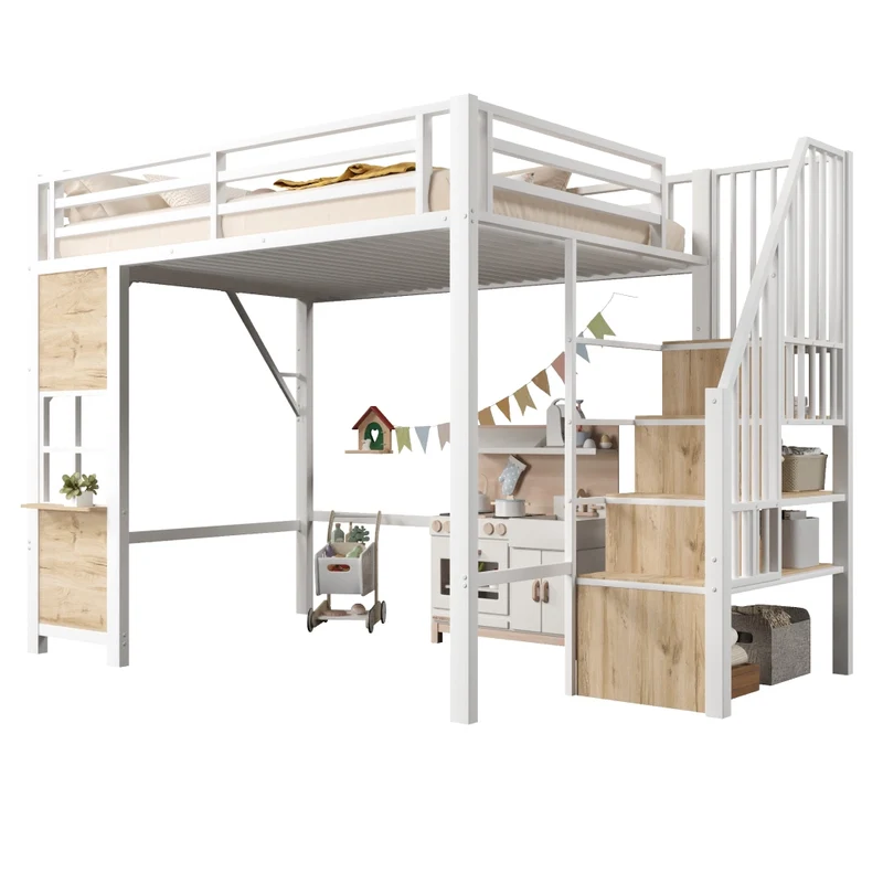 Letto a soppalco 140x200 per bambini in metallo e MDF; bianco; scala contenitore e spazio giochi
