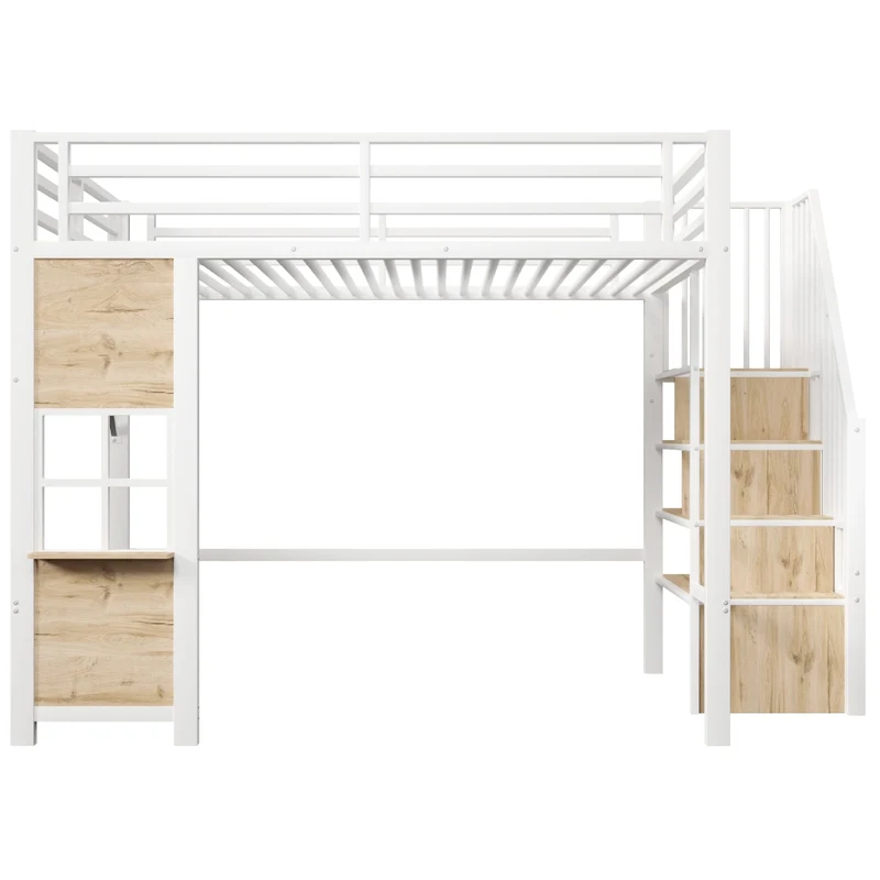 Letto a soppalco 140x200 per bambini in metallo e MDF; bianco; scala contenitore e spazio giochi