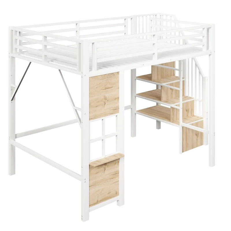 Letto a soppalco 140x200 per bambini in metallo e MDF; bianco; scala contenitore e spazio giochi