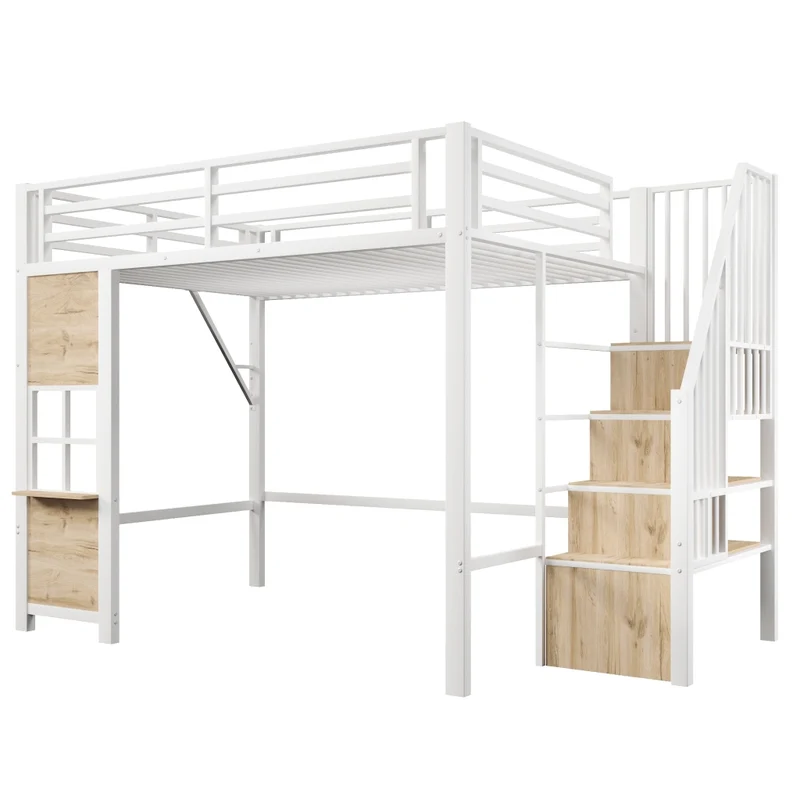 Letto a soppalco 140x200 per bambini in metallo e MDF; bianco; scala contenitore e spazio giochi