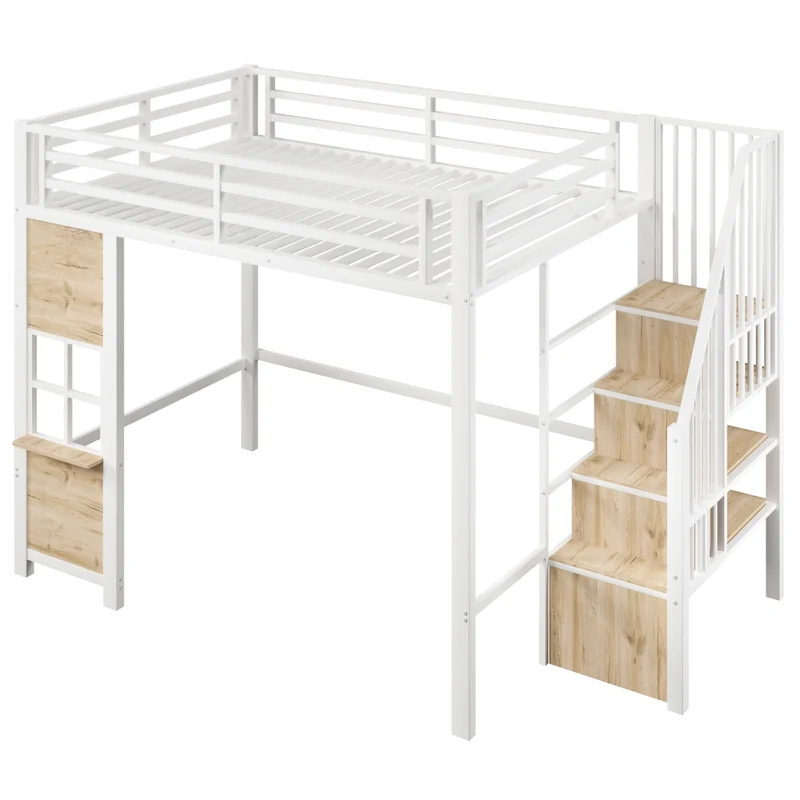 Letto a soppalco 140x200 per bambini in metallo e MDF; bianco; scala contenitore e spazio giochi
