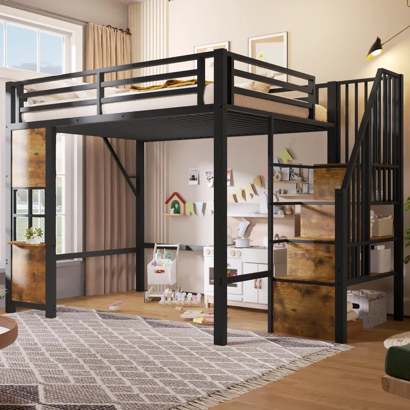 Letto a soppalco 140x200 cm per bambini; struttura in metallo e MDF; scala contenitore; nero e bianco
