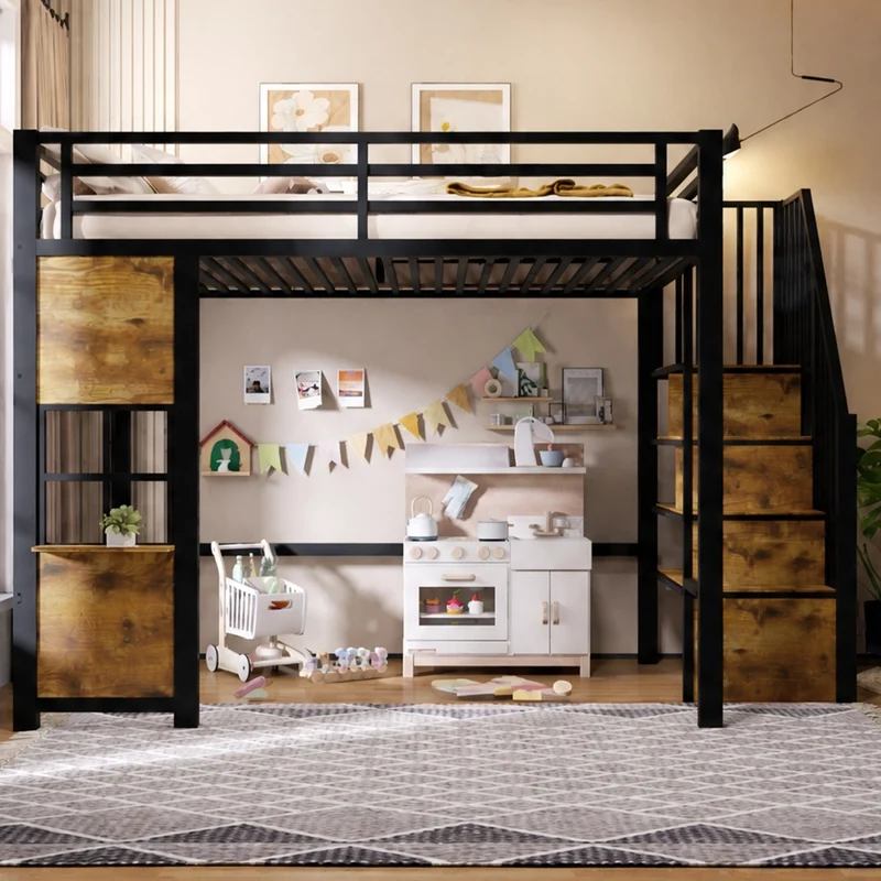 Letto a soppalco 140x200 cm per bambini; struttura in metallo e MDF; scala contenitore; nero e bianco
