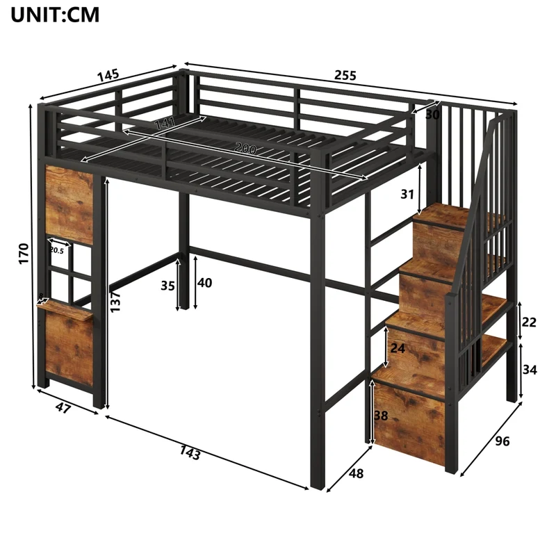 Letto a soppalco 140x200 cm per bambini; struttura in metallo e MDF; scala contenitore; nero e bianco