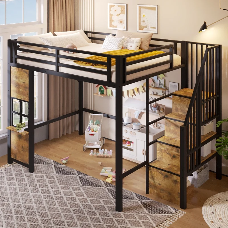 Letto a soppalco 140x200 cm per bambini; struttura in metallo e MDF; scala contenitore; nero e bianco