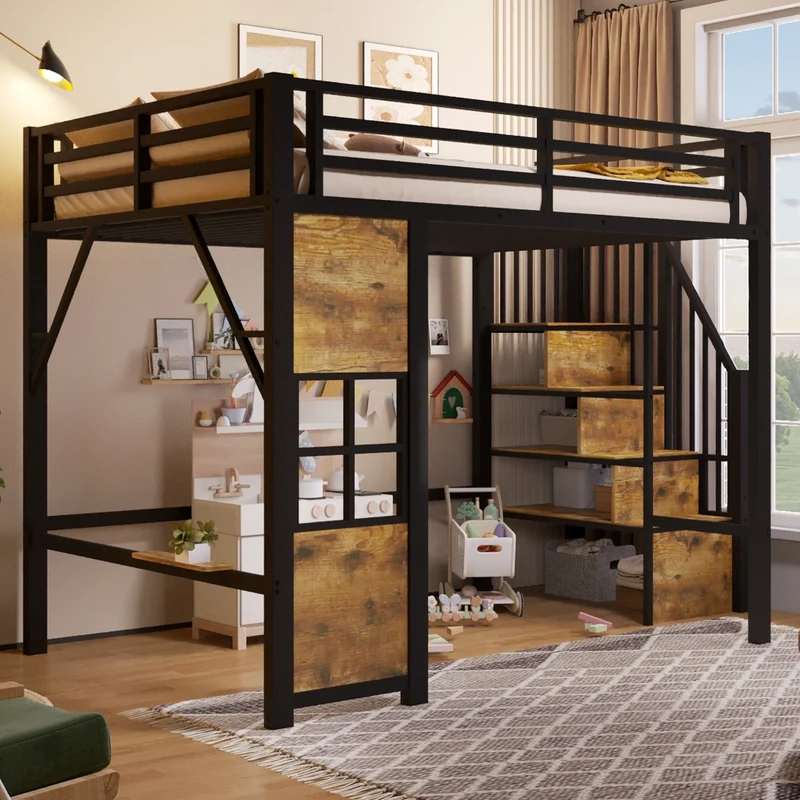 Letto a soppalco 140x200 cm per bambini; struttura in metallo e MDF; scala contenitore; nero e bianco