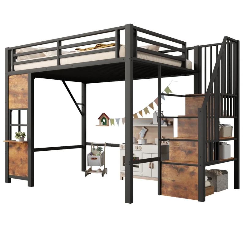 Letto a soppalco 140x200 cm per bambini; struttura in metallo e MDF; scala contenitore; nero e bianco