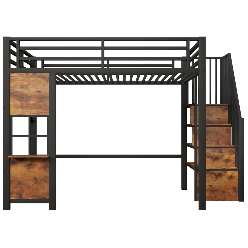 Letto a soppalco 140x200 cm per bambini; struttura in metallo e MDF; scala contenitore; nero e bianco