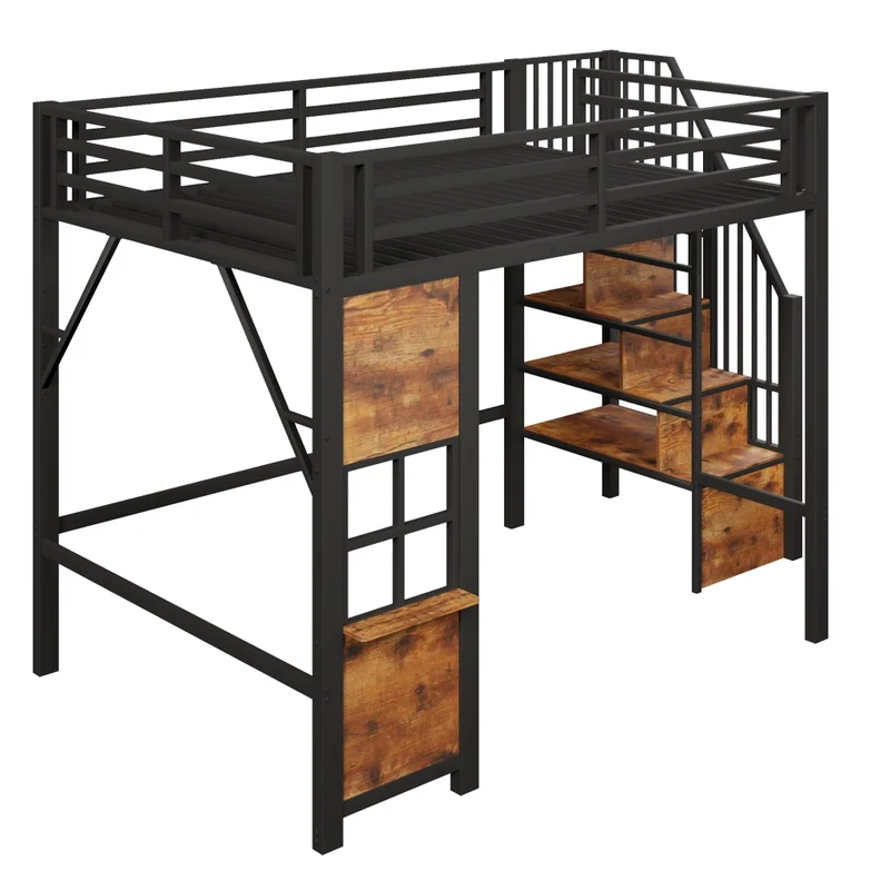 Letto a soppalco 140x200 cm per bambini; struttura in metallo e MDF; scala contenitore; nero e bianco
