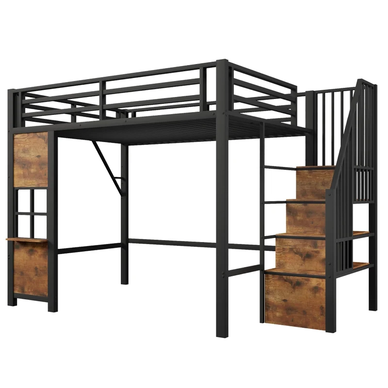 Letto a soppalco 140x200 cm per bambini; struttura in metallo e MDF; scala contenitore; nero e bianco