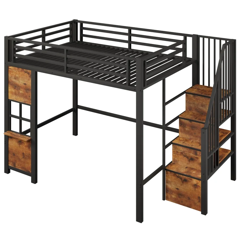 Letto a soppalco 140x200 cm per bambini; struttura in metallo e MDF; scala contenitore; nero e bianco