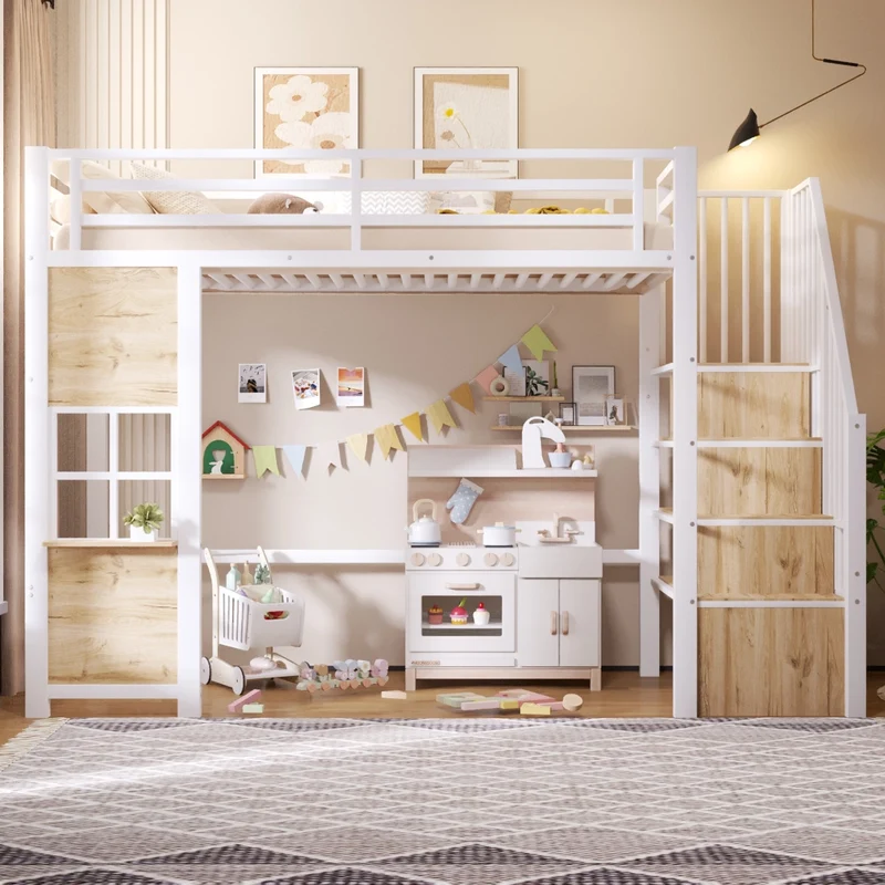 Letto a soppalco per bambini 90x200 cm in metallo e MDF bianco con scala contenitore e ringhiera
