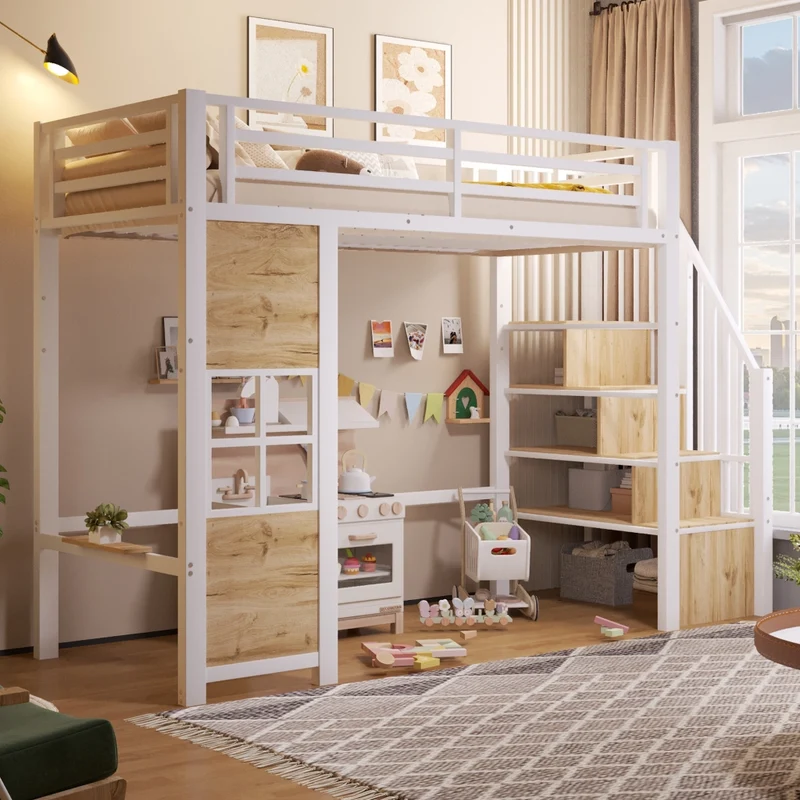 Letto a soppalco per bambini 90x200 cm in metallo e MDF bianco con scala contenitore e ringhiera