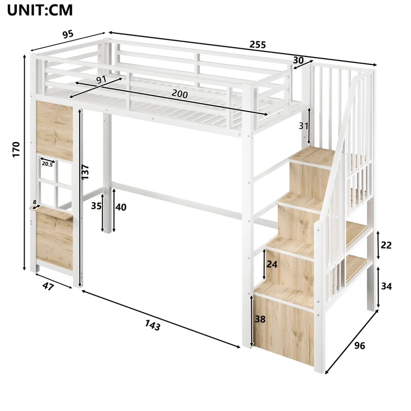 Letto a soppalco per bambini 90x200 cm in metallo e MDF bianco con scala contenitore e ringhiera