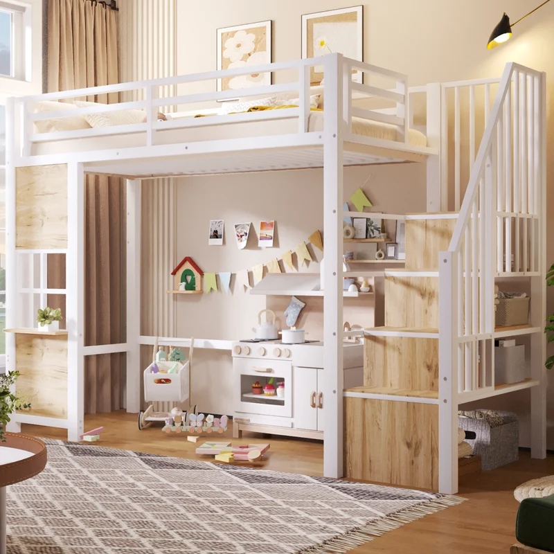 Letto a soppalco per bambini 90x200 cm in metallo e MDF bianco con scala contenitore e ringhiera