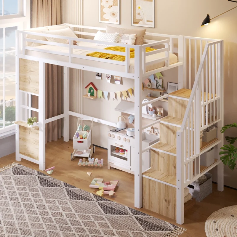 Letto a soppalco per bambini 90x200 cm in metallo e MDF bianco con scala contenitore e ringhiera