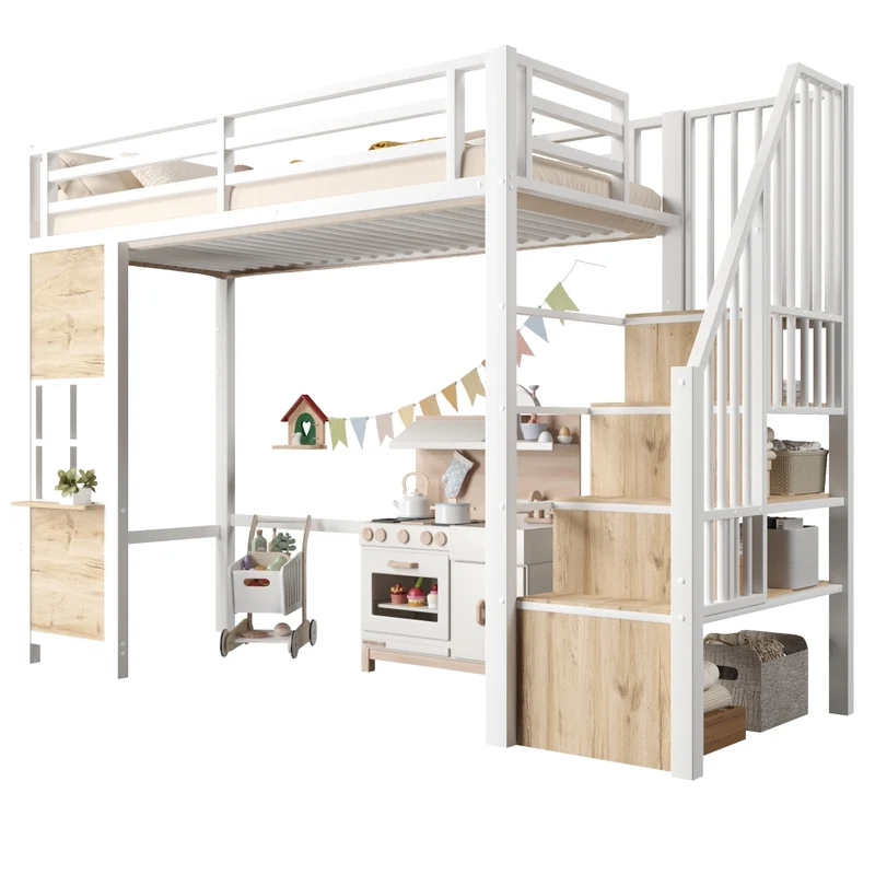 Letto a soppalco per bambini 90x200 cm in metallo e MDF bianco con scala contenitore e ringhiera