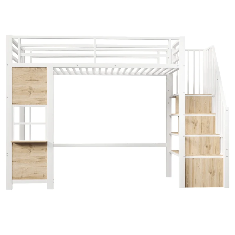 Letto a soppalco per bambini 90x200 cm in metallo e MDF bianco con scala contenitore e ringhiera