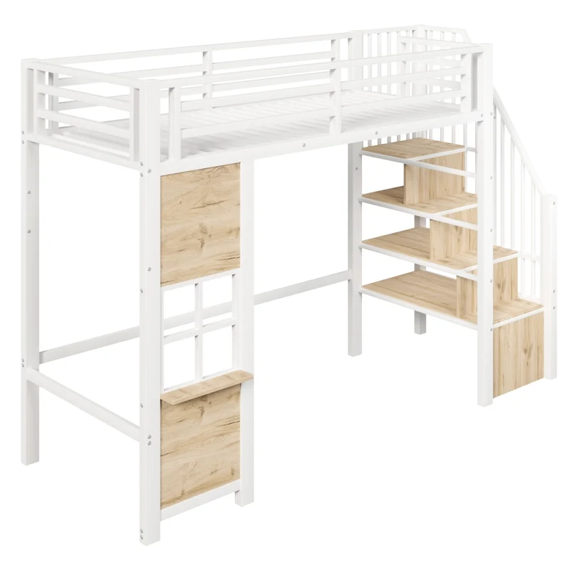 Letto a soppalco per bambini 90x200 cm in metallo e MDF bianco con scala contenitore e ringhiera