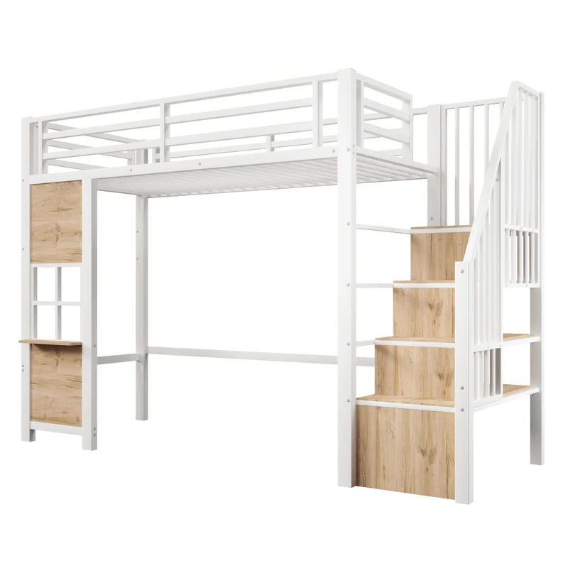 Letto a soppalco per bambini 90x200 cm in metallo e MDF bianco con scala contenitore e ringhiera